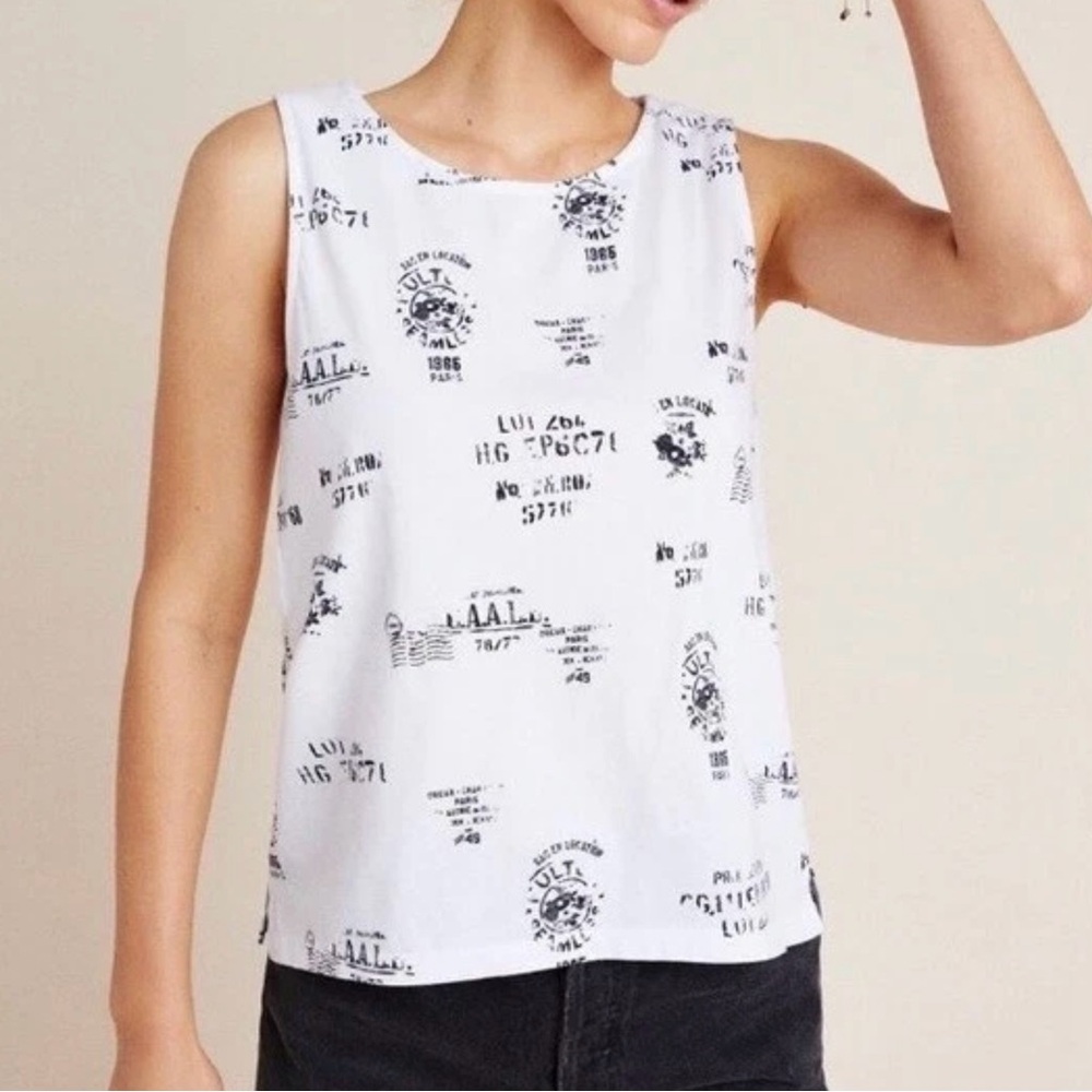 By Anthropologie Postcard Graphic Print Sleeveless Top White Black Size Large - Picture 2 of 12